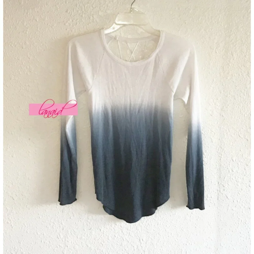 Chaser Ribbed Strappy Long Sleeve Top Ombre Open Back Backless Cut-Outs Dip-Dye - Picture 2 of 7